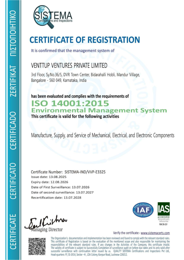 ISO 14001:2015 Environmental Management System Certification for Venttup Ventures Private Limited