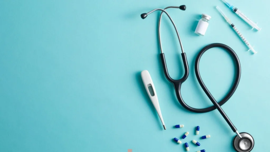 Medical stethoscope, thermometer, pills, and syringes on blue background—showcasing CNC machining in precision medical device manufacturing