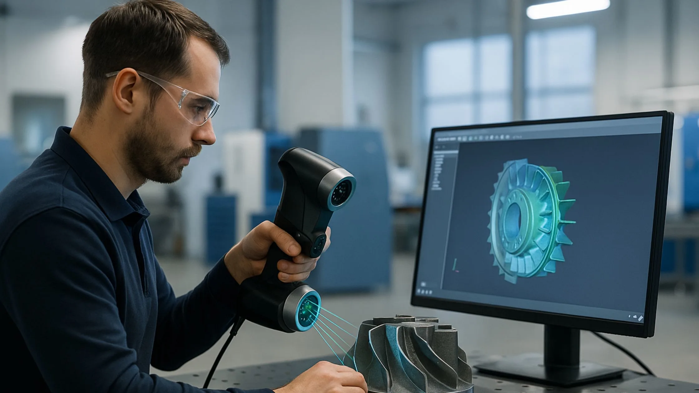 Engineer using 3D scanning technology to recreate lost or obsolete machine parts through reverse engineering services in India