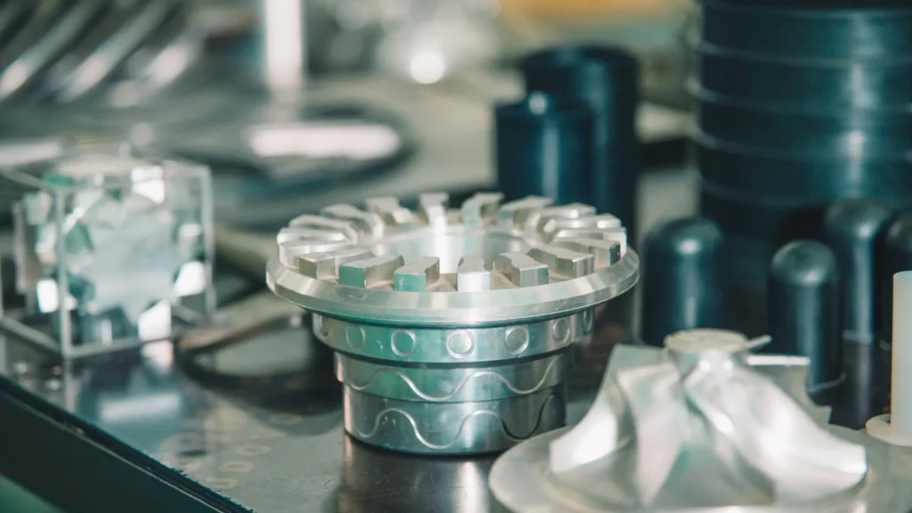 Precision die-cast aluminium parts displayed on a manufacturing table