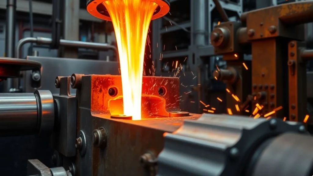 Molten aluminium being injected under high pressure into a die casting mold with sparks flying