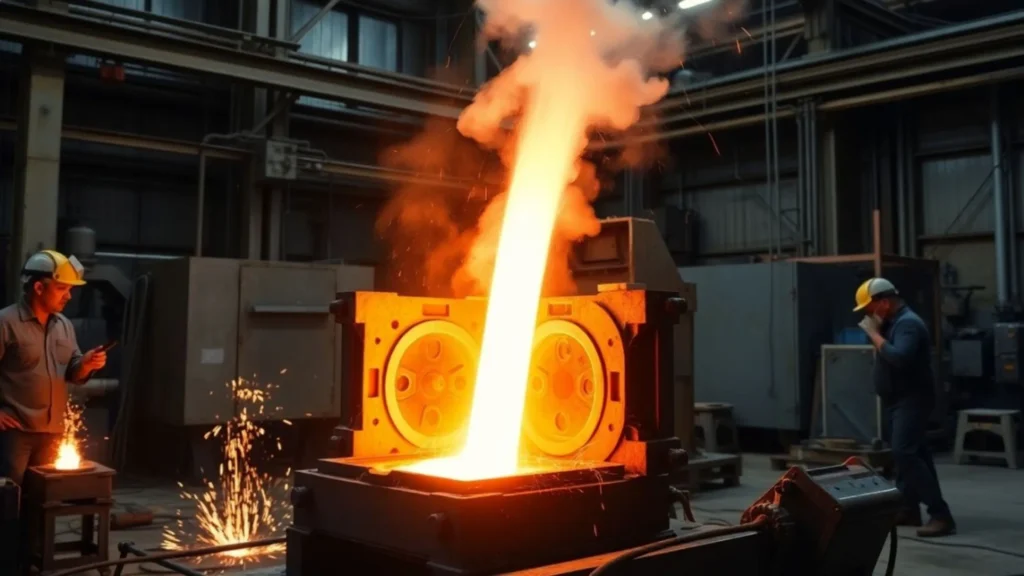 Molten aluminium being poured into a die casting mold at an industrial foundry with workers nearby
