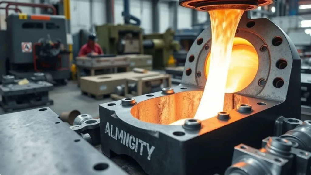 Molten aluminium being poured into a steel die casting mold inside an industrial manufacturing unit