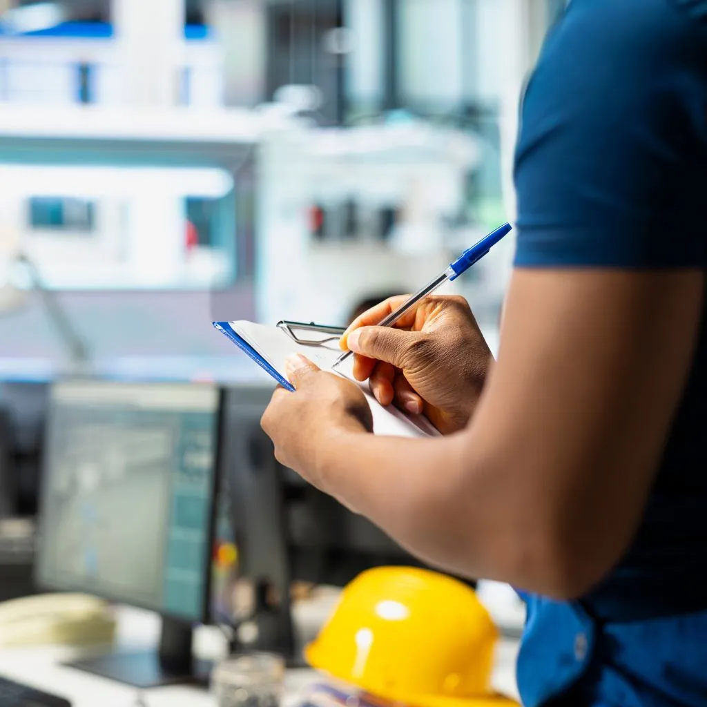 Engineer reviewing checklist at a contract manufacturing company in India office environment.