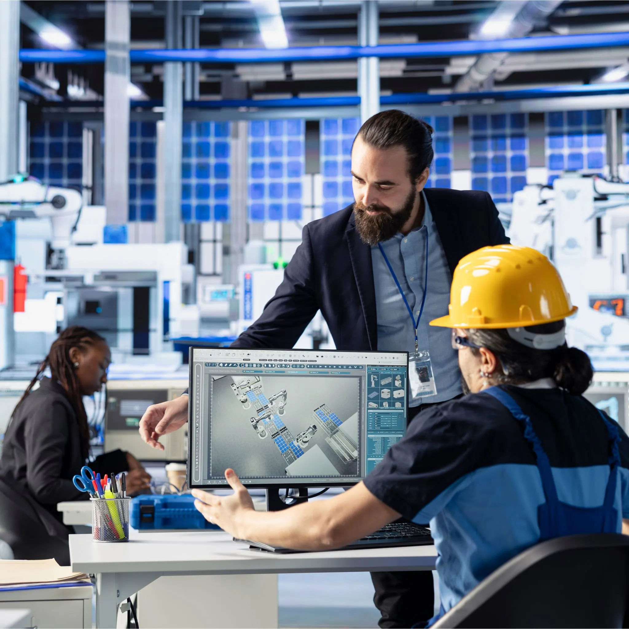 Engineers in India working on EVE component manufacture, showing CAD design of electric vehicle systems and advanced factory workflow.