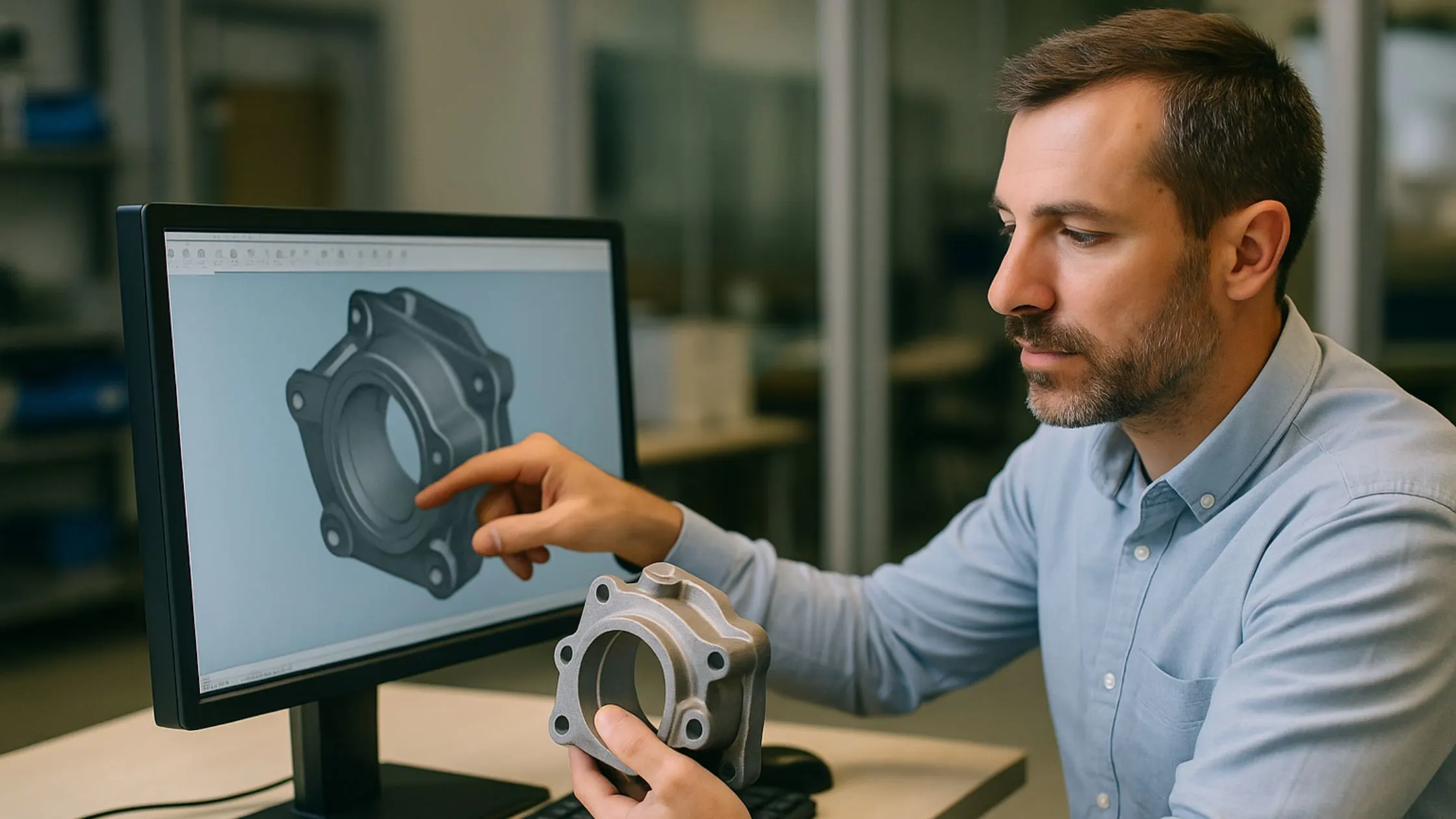 Engineer creating a detailed 3D CAD model from a physical metal component on a computer, representing digital documentation and Industry 4.0 in reverse engineering services in India
