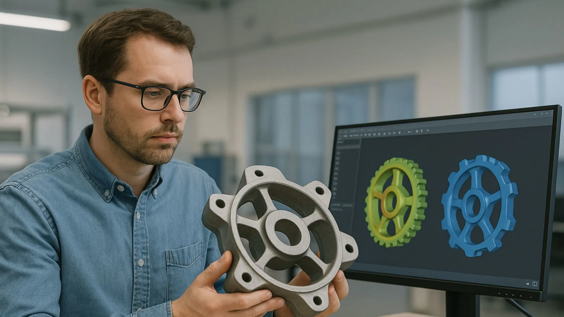 Engineer analyzing a mechanical component while optimizing its 3D CAD model on a computer screen to improve product design through reverse engineering services in India