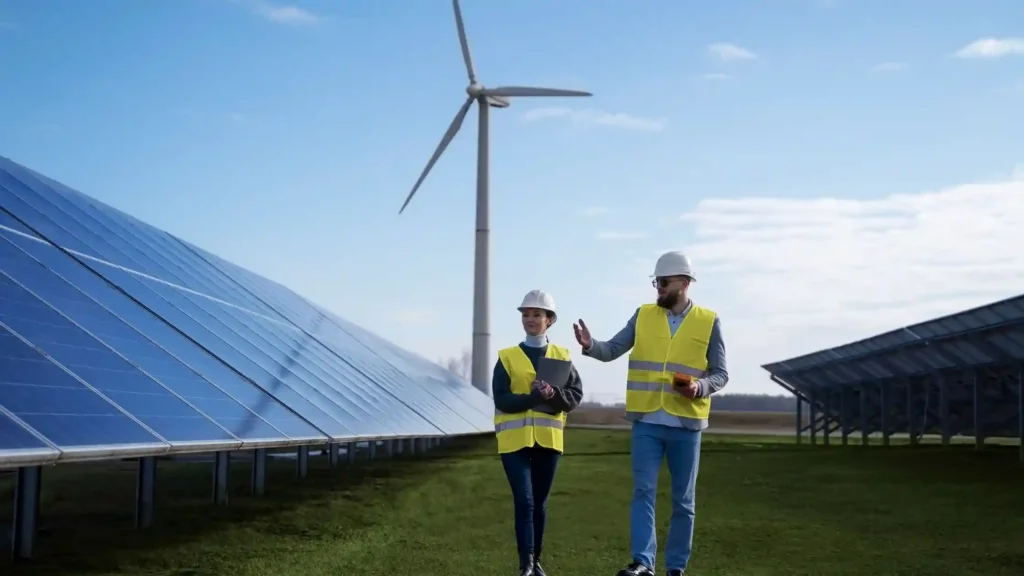 A woman and a man, both wearing yellow safety vests, hard hats, and walking near solar panels and a wind turbine, discussing renewable energy technology outdoors.