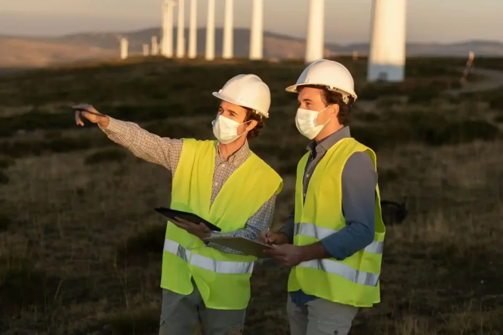 Engineers inspecting wind turbines at a renewable energy site with safety gear