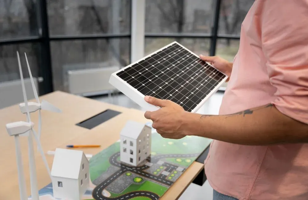 Person holding a solar panel model near wind turbines and eco-friendly city layout