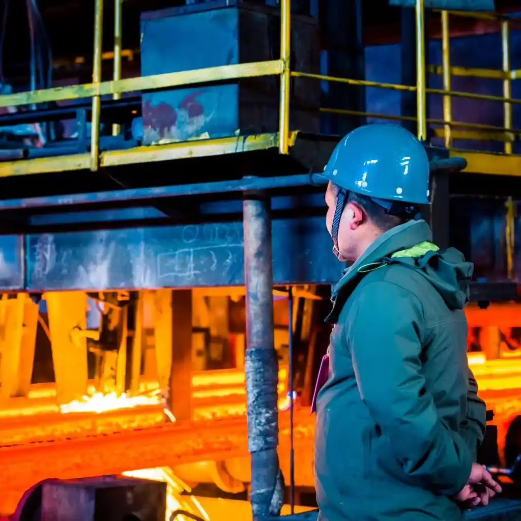 Industrial engineer inspecting molten metal casting process in a manufacturing plant in India