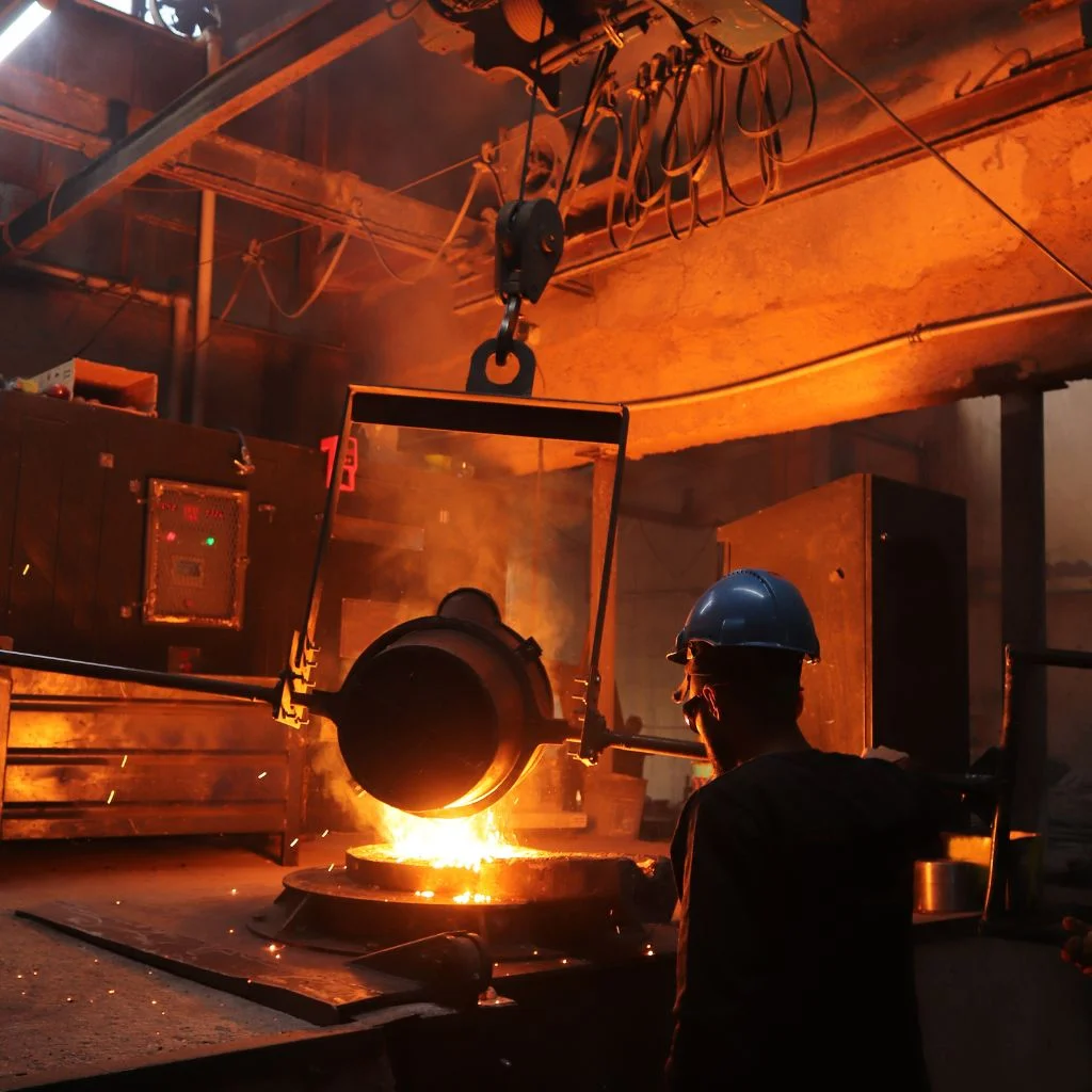 Molten metal casting process with worker pouring liquid metal into mold in industrial foundry