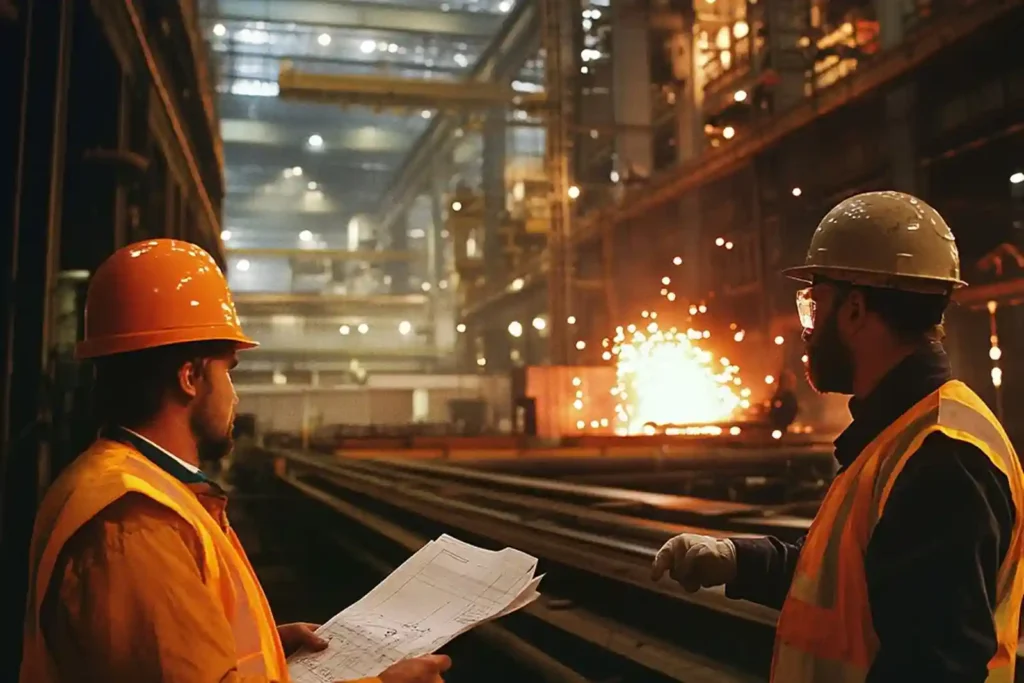 Industrial engineers inspecting casting process and steel production in large manufacturing plant