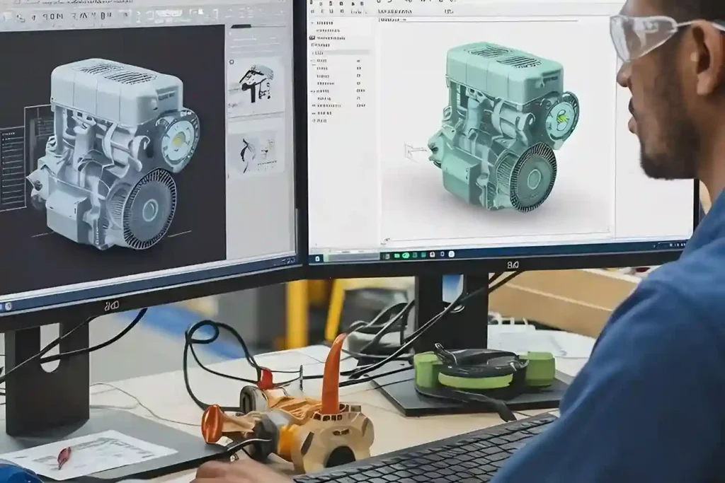 An engineer working on a 3D model of an engine on dual monitors, with a physical model of the engine on the desk.