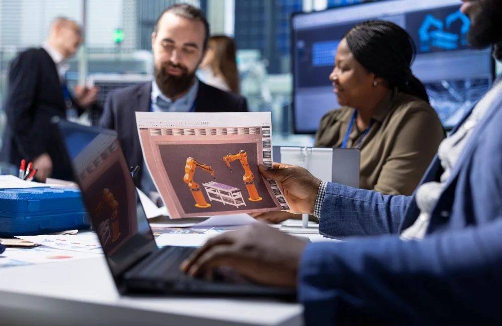The image shows a craftsman carefully working in a dimly lit space, using a ruler and scissors to cut leather or fabric pieces. The workspace is filled with various tools and materials, including leather, fabric swatches, and crafting tools like a hammer, hole punch, and other accessories, highlighting a focused, hands-on approach to creating handmade goods.