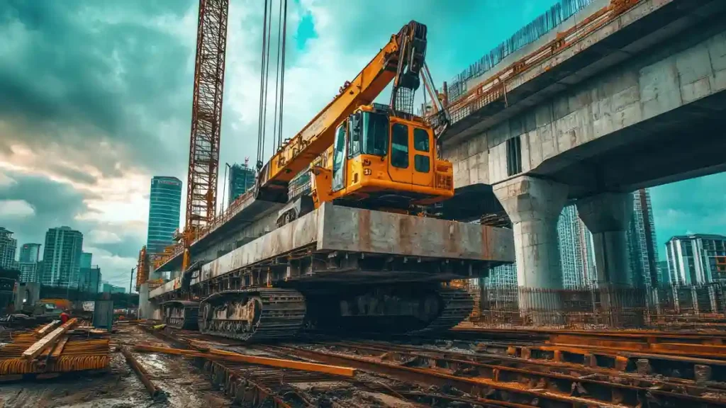 Large crawler crane working on elevated bridge construction at an urban infrastructure project site with city buildings in the background.