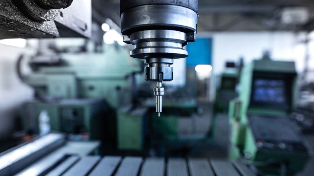 Close-up of a CNC milling machine spindle operating in an industrial manufacturing workshop.