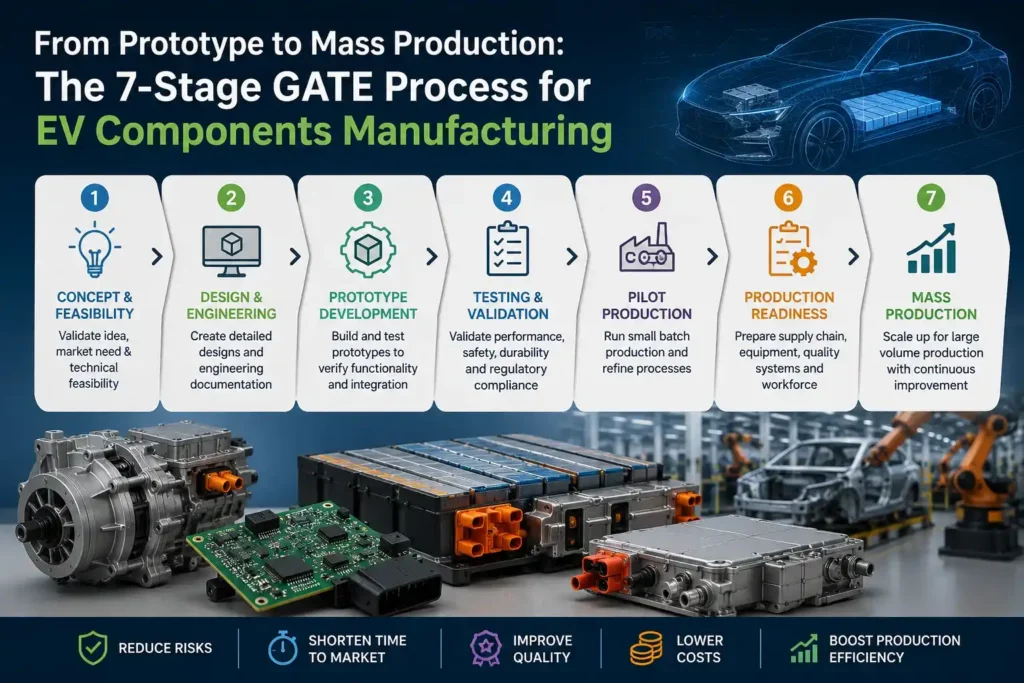 7-stage GATE process for EV components manufacturing showing prototype development, engineering, testing, pilot production, factory readiness, and mass production of electric vehicle components.
