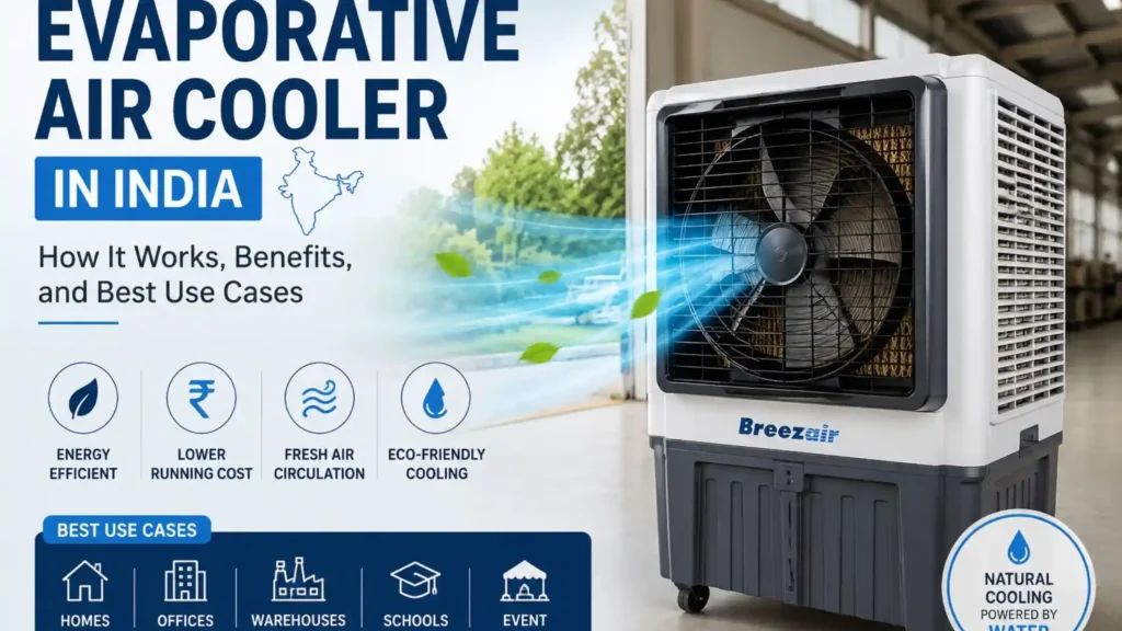 Industrial evaporative air cooler in India showing energy-efficient fresh air cooling for homes, offices, warehouses, and commercial spaces.