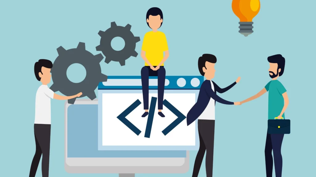 Illustration of a software development team collaborating on a coding project, featuring developers working with gears, a programming interface displaying code symbols, a business handshake, and a light bulb representing innovation.