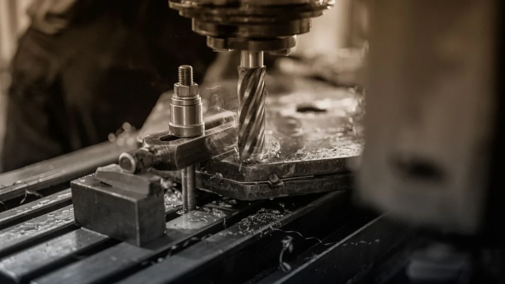 CNC milling machine cutting a metal workpiece with a rotating end mill during a precision machining process.