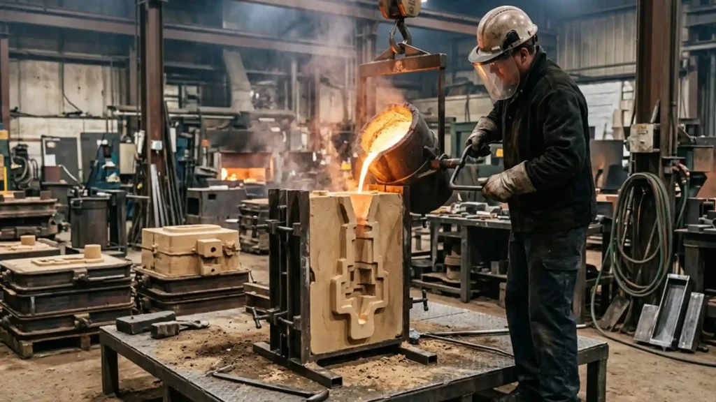 A worker in protective safety gear pours glowing, molten metal from a handheld ladle into a sand shell mold placed on a metal work table in an industrial foundry.