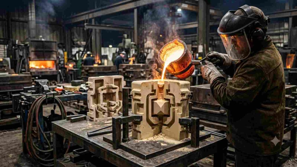 A foundry worker in safety gear pours bright, molten metal from a small ladle into a two-piece resin-bonded shell mold secured on an industrial workbench.