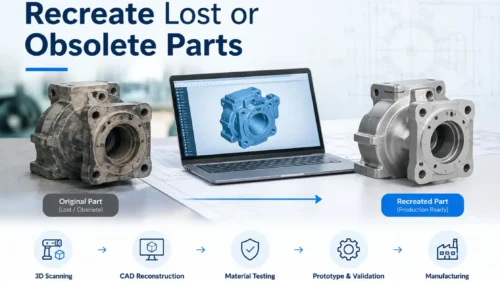 Reverse engineering process showing an obsolete industrial part transformed into a production-ready component through 3D scanning, CAD reconstruction, material testing, prototype validation, and manufacturing.