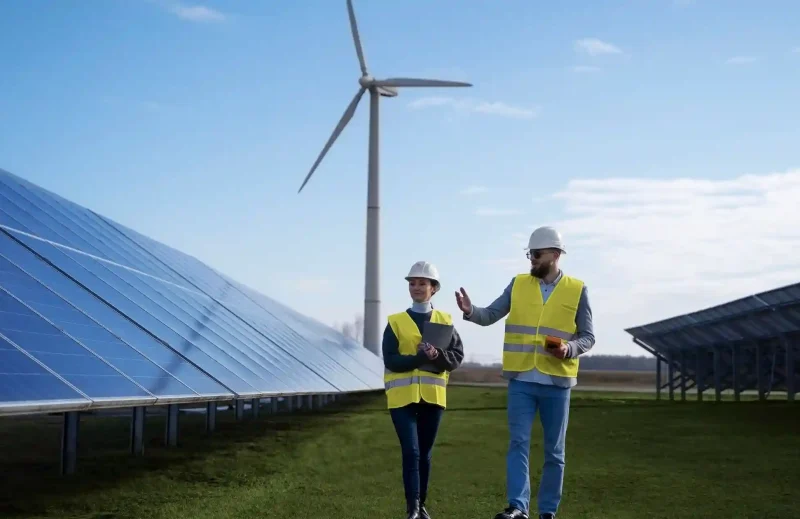 A woman and a man, both wearing yellow safety vests, hard hats, and walking near solar panels and a wind turbine, discussing renewable energy technology outdoors.